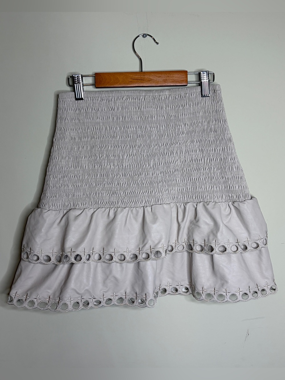 Faux Leather Smocked Tiered Mini Skirt Beige Medium